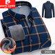 Pierre cardin autumn and winter new warm shirt for men plus velvet thickened long-sleeved plaid shirt middle-aged casual versatile jacket 9903 2XL 165