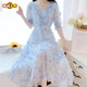 Break de thé français du premier chemin en V Beau robe en mousseline de mousseline florale pour l'été féminin 2025 Nouveau tempérament à la taille de la taille de fée-jupe longue Blue 736 # [Version Robe] L [suggéré 105-120jin [Jin est égal à 0,5 kg]]]