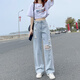 以纯YISHION网红破洞牛仔裤女2025春秋新款高腰显瘦垂感阔腿拖地裤ins潮夏装 浅蓝色现货【687款长裤】 XS