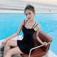 
Qingzhong Qiao 2025 Fairy Fan Hot Spring Swimsuit Women One-piece Flat Angle Conservative Slim Slim Browsing Student Swimsuit 12041 Black M