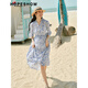 
Red sleeves Outlet summer new women's printed waist-hugging V-neck pullover chiffon dress with white background blue flower 674 L