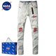 
NASALIKE letter embroidered tiger jeans men's fashion AM trendy brand slim-fit new style ripped high street handsome little feet black embroidered patch jeans blue 719 L