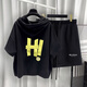 Yushida Hong Kong-Stil mit Kapuze mit Kurzärärmelanzug Herren Sommer Trendy Printed T-Shirt Handsome Ganze passende weiße T5019+Grey K9215 S Geeignet (85-105jin [Jin gleich 0,5 kg]))
