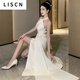 LISCN French halter neck slit satin backless sexy fashionable dress light luxury party birthday party evening dress white S