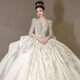 Seasonal heavy-duty V-neck wedding dress long-sleeved bride wedding host 2024 new style small textured satin large size winter floor-length style (free skirt support gloves veil) 2XL