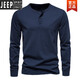 JEEP SPIRIT Henley shirt men's spring and autumn heavyweight t-shirt pure long-sleeved Henley collar quality cotton men's business bottoming shirt slim fit top light gray 3XL