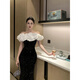 Chuangjing Yi selected annual meeting dress for women, high-end Hepburn style French one-shoulder velvet dress, elegant, light and luxurious, ladylike temperament, bright black, follow the store for preferred delivery L