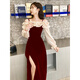Pier Cardin one-shoulder toasting suit bride 2025 new autumn and winter evening dress can be worn on the daily wedding dress for adults burgundy 2XL