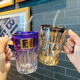 FancyChic [6174] Europäische elektroplierende farbige Glaswasserbecher verdickte Blei-Blei-Gurt-Griff-Griffe Anti-Scenging Strohbecher Diamant Ins High Purple Griff + Deckel + Strohhalm + Strohhalm