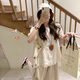 Ranqi Mommy Pregnant Summer Suit Set Two-Piece Cotton Hollow Shirt Top Summer Thin Fashionable and Casual Lazy Style Apricot Top + Khaki Wide Leg Pants [Set] 2XL