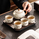 Porcelain brand tea set, one pot, four cups, small tea set, complete household ceramic Kung Fu tea set, office glass teapot, Ru kiln rich bamboo Xishi teapot, 4 cups + small square full plastic plate