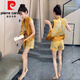 Pierre Cardin Chinesischer Stil und edler Modeanzug für Frauen 2025 Sommer neuer Stil Gantry-Ärmel-Spleißknopf-Weste Shorts Zweiteiler Set für Frauen 12158-Gelb-Set M [Vorgeschlagen 80-95jin [Jin gleich 0,5 kg]]
