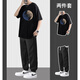 VZVG夏季潮流套装男短袖T恤痞帅气搭配束脚休闲裤学生两件套韩版男装 【2件装】T51棉T恤灰色+838裤杏 L