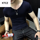 
KTCZ summer thin men's markless short-sleeved T-shirt V-neck slim casual fitness sports black tight-fitting clothes men's trend 1504 white round neck long-sleeved M 165