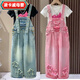 
Lingkaqi girls overalls suit summer 2025 new trendy and fashionable internet celebrity summer loose jeans medium-sized children's pants white graffiti short-sleeved + pink five-pointed star overalls 170