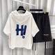 Yushida Hong Kong-Stil mit Kapuze mit Kurzärärmelanzug Herren Sommer Trendy Printed T-Shirt Handsome Ganze passende weiße T5019+Grey K9215 S Geeignet (85-105jin [Jin gleich 0,5 kg]))