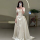 AIFANGNIAO high-end French dress women's banquet evening dress satin light wedding dress one-shoulder student adult ceremony art test vocal skirt white XS