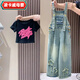 
Lingkaqi girls overalls suit summer 2025 new trendy and fashionable internet celebrity summer loose jeans medium-sized children's pants white graffiti short-sleeved + pink five-pointed star overalls 170