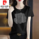 皮尔卡丹（pierre cardin）纯棉短袖t恤女大1码夏装新款时尚烫钻圆领半袖上衣黑色镶钻打底衫 圆领-连环爱心钻-黑色短袖 3524 2XL 适合135-165斤