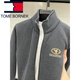 Tommy Shekelly Tommy Spring Fleece Thickened Sweatshirt Jacket High-end Heavy Middle-aged Daddy's Stand-Link Zipper Wool Cardigan Men Grey XL