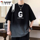 Holzspecker schwerer Gradienten Kurzarm T-Shirt Herren Sommer Trendy Marke 2025 Neues halbes Ärmel Loose Teen Top 3523 Rot [Kurzarm + Shorts] XL