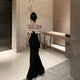 YIOU halter neckline slim fit Hepburn style dress women's floor-length bust pad banquet host dress 2379 black M