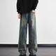 Yiran jeans men's straight-leg autumn and winter new American high street retro loose casual wide-leg lightning pattern trendy pants for men blue XL recommended 120-140Jin Jin equals 0.5 kg