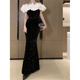 Chuangjing Yi selected annual meeting dress for women, high-end Hepburn style French one-shoulder velvet dress, elegant, light and luxurious, ladylike temperament, bright black, follow the store for preferred delivery L