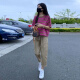 哈夫朵大码女装胖妹妹夏季套装女洋气显瘦条纹短袖T恤百搭休闲裤子女 1389火龙果色上衣 【单件】 2XL 【建议130-145斤】