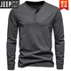 JEEP SPIRIT Henley shirt men's spring and autumn heavyweight t-shirt pure long-sleeved Henley collar quality cotton men's business bottoming shirt slim fit top light gray 3XL