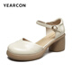Yierkang Zapatos para mujeres gruesas Tacón medio cómodo de un botón Sandalias de mujer Hollow-Toe 49949W BEIGE 36