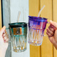 FancyChic [6174] Europäische elektroplierende farbige Glaswasserbecher verdickte Blei-Blei-Gurt-Griff-Griffe Anti-Scenging Strohbecher Diamant Ins High Purple Griff + Deckel + Strohhalm + Strohhalm