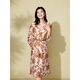 Armoire rose et bleue [style de vacances français] 2025 Automne Silk-Imprime Style Robe en V-Neck pour femmes 551L679 Rimu Orange L