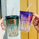 FancyChic [6174] Europäische elektroplierende farbige Glaswasserbecher verdickte Blei-Blei-Gurt-Griff-Griffe Anti-Scenging Strohbecher Diamant Ins High Purple Griff + Deckel + Strohhalm + Strohhalm