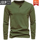 JEEP SPIRIT Henley shirt men's spring and autumn heavyweight t-shirt pure long-sleeved Henley collar quality cotton men's business bottoming shirt slim fit top light gray 3XL