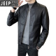 JEEP SPIRIT trend spring and autumn new leather jacket for men casual short stand collar baseball uniform handsome motorcycle leather jacket jacket black P719 XL