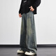 Yiran jeans men's straight-leg autumn and winter new American high street retro loose casual wide-leg lightning pattern trendy pants for men blue XL recommended 120-140Jin Jin equals 0.5 kg