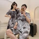 LangSha couple pajamas ladies summer ice silk short-sleeved nightgown feel casual big size men's home clothing set KAD13077 M women + men L
