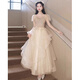 
CamalgOri 18-year-old adult gift dress for women small evening dress light luxury niche high-end art exam fairy birthday adult gift champagne medium-length M average size
