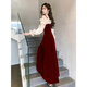 Pier Cardin one-shoulder toasting suit bride 2025 new autumn and winter evening dress can be worn on the daily wedding dress for adults burgundy 2XL