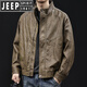 JEEP SPIRIT high-end leather jacket men's autumn and winter 2025 new men's velvet thickening large size trendy brand clothes motorcycle black gray XL suitable for 140-160Jin Jin equals 0.5 kg