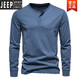 JEEP SPIRIT Henley shirt men's spring and autumn heavyweight t-shirt pure long-sleeved Henley collar quality cotton men's business bottoming shirt slim fit top light gray 3XL