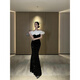 Chuangjing Yi selected annual meeting dress for women, high-end Hepburn style French one-shoulder velvet dress, elegant, light and luxurious, ladylike temperament, bright black, follow the store for preferred delivery L