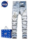 
NASALIKE letter embroidered tiger jeans men's fashion AM trendy brand slim-fit new style ripped high street handsome little feet black embroidered patch jeans blue 719 L