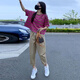 哈夫朵大码女装胖妹妹夏季套装女洋气显瘦条纹短袖T恤百搭休闲裤子女 1389火龙果色上衣 【单件】 2XL 【建议130-145斤】