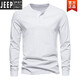 JEEP SPIRIT Henley shirt men's spring and autumn heavyweight t-shirt pure long-sleeved Henley collar quality cotton men's business bottoming shirt slim fit top light gray 3XL