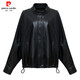 Pier Cardin Haining genuine leather leather jacket for women 2025 spring and autumn new stand collar casual large version leather jacket fashionable slim sheepskin jacket black suitable for 100-120 Jin [Jin equals 0.5 kg] M
