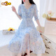 Break de thé français du premier chemin en V Beau robe en mousseline de mousseline florale pour l'été féminin 2025 Nouveau tempérament à la taille de la taille de fée-jupe longue Blue 736 # [Version Robe] L [suggéré 105-120jin [Jin est égal à 0,5 kg]]]