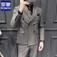 ROMON Blue Double-breasted Suit Jacket Men's Gentleman Business Casual Suit British Striped Wedding Groom's Dress Blue Two-piece Set Free Tie Tie Bra S 46