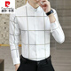 Pierre cardin spring and autumn plaid casual shirt men's long-sleeved thin high-end shirt business slim-fit trendy shirt 9922 khaki XL (120-135Jin [Jin equals 0.5 kg])